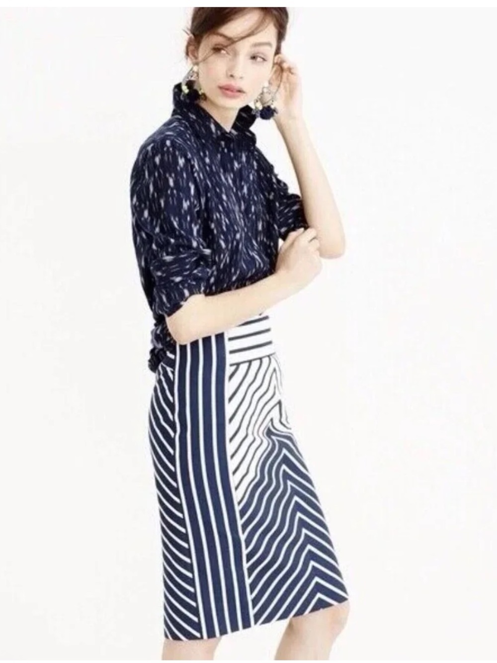 J. Crew Navy and White Chevron Pencil Skirt